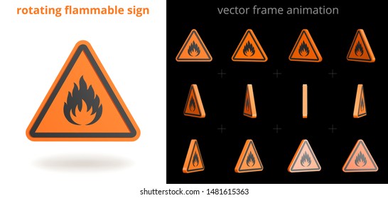 Rotating flammable sign. Vector sequence of frames for GIF, flash, web animation. Looped motion. 12 frames per second. Sprite sheet. 3D animated icon of fire danger. Set of orange triangular stickers