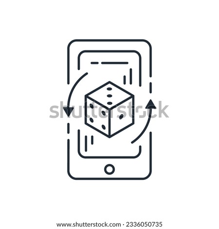 Rotating game cube on the smartphone screen. Random choice. Online games, lottery. Vector linear icon isolated on white background.