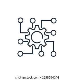 Rotating Gear And Electronic Information Channels. Multichannel Control System, Communication. Vector Linear Icon Isolated On White Background.