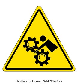 Rotating gear hazard sign Warning yellow triangle sign with a person with an arm entanglement by the machinery.