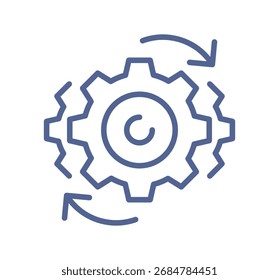 Ícone de engrenagem giratória, processo de automação, ciclo de fluxo de trabalho, operação do sistema, melhoria contínua, desenvolvimento de tecnologia linear esboço ilustração vetorial.
