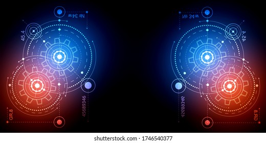 Rotating gear .Neon technology background .Technical drawing of gears .Rotating mechanism of round parts . Vector illustration.	