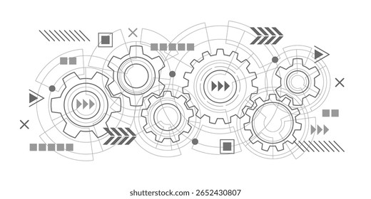 Engranajes giratorios. Elementos futuristas. Industria de la ingeniería. Nuevas tecnologías. Ilustración vectorial