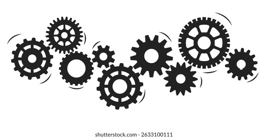 Rotating gears in single coherent mechanism black silhouette on white background. Industrial equipment assemble. Cogwheels connect. Spinning wheels. Engineering construction. Vector teamwork concept