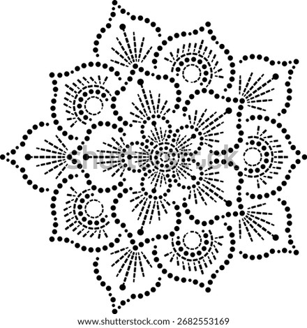 Rotating Geometric Floral Mandala Pattern of Overlapping Petals with intricate Design, Hand Drawn Dynamic Dotted Floral Vector Illustration for Embroidery, Fabric, Cushion, Curtain, Wallpaper, Carpet