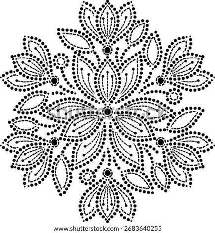 Rotating Geometric Mandala Design Pattern of Central and Peripheral Dotted Flowers with Swirling Leaves and Buds, Seamless Polka Dot floral Vector Illustration for Embroidery Fabric Cushion Curtains