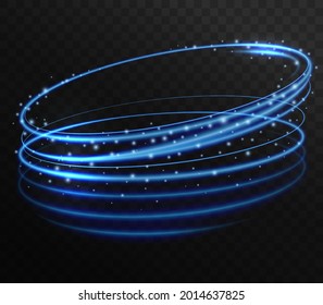 Rotating glowing rings, ellipses. Blue light effect. Swirling sparkling lines. Dynamic neon circles