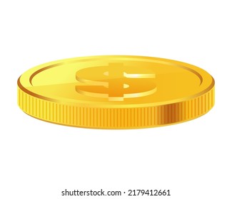 Rotating gold coin. Golden money. Applicable for gambling games, jackpot or bank or financial illustration. Can be used for video game awards, ribbons. Vector illustration.