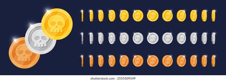 Rotating gold, silver and bronze coins animated in different directions for game app. Metal token with skull symbol various angles spinning. Moving metallic achievement icon. Flat 3D currency effect