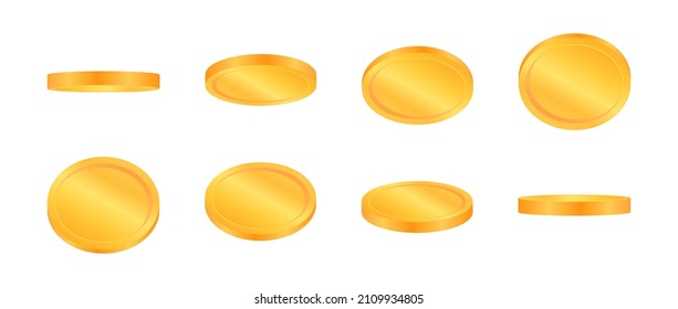 Rotating golden coin set. Empty 3d gold coins at different angles. Golden coins for animation. Falling money used for jackpot, casino, game awards and money win. Vector illustration.