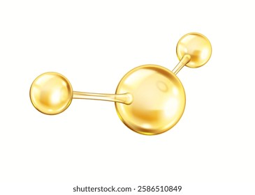 Rotating golden collagen molecule realistic vector illustration. Chemical structure from spheres for science 3d object on white background