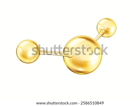 Rotating golden collagen molecule realistic vector illustration. Chemical structure from spheres for science 3d object on white background