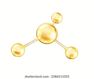 Rotating golden collagen molecule from spheres realistic vector illustration. Chemical structure for scientific purposes 3d object on white