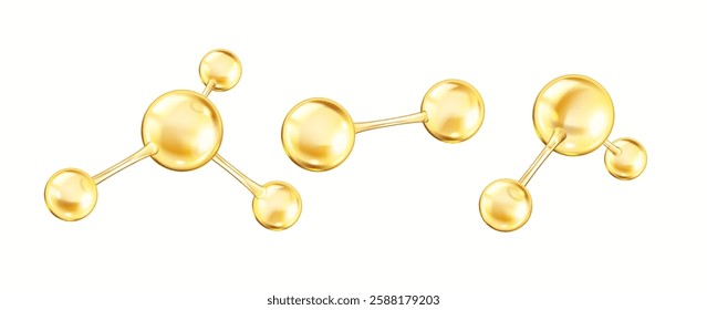 Rotating golden collagen molecules realistic color icons set. Spheres form complex structure representing bonds 3d objects bundle on white