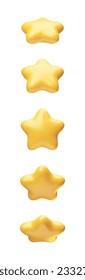 Rotating golden glossy stars set 3d realistic style rendering. Yellow stars from different angles. Game award, customer feedback symbol vector illustration isolated on white background
