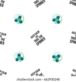 Rotating green fidget spinner and keep calm and take the spinner text. Vector hand drawn fashion illustration on white background in watercolor style. Seamless pattern.