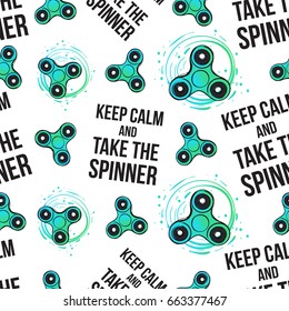 Rotating green fidget spinner and keep calm and take the spinner text. Vector hand drawn fashion illustration on white background in watercolor style. Seamless pattern.