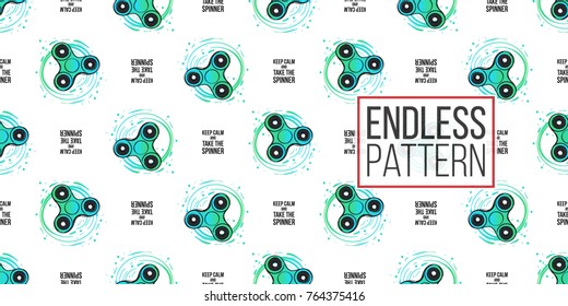 Rotating green fidget spinner and keep calm and take the spinner text. Vector hand drawn fashion illustration on white background in watercolor style. Seamless pattern.