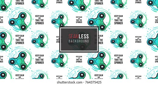Rotating green fidget spinner and keep calm and take the spinner text. Vector hand drawn fashion illustration on white background in watercolor style. Seamless pattern.