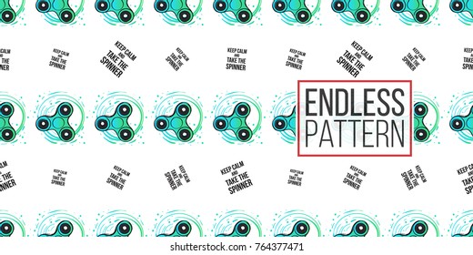 Rotating green fidget spinner and keep calm and take the spinner text. Vector hand drawn fashion illustration on white background in watercolor style. Seamless pattern.