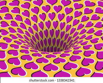 Rotating hearts patterned hole. Vector optical illusion background.