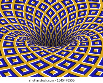 Rotating hole of moving blue yellow squares ornament. Vector optical illusion background.