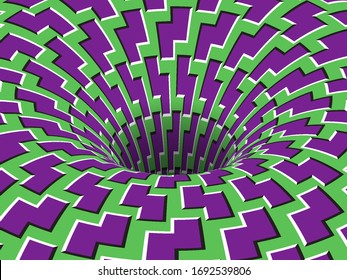 Rotating Hole Of Moving Purple Green Zigzag Shapes Pattern. Vector Optical Illusion Illustration.