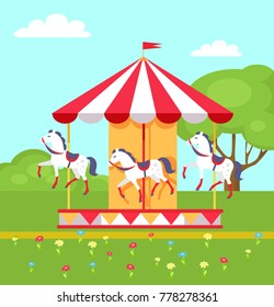 Rotating horses carousel in city park, vector illustration of merry-go-round entertainment item on green lawn with flowers and trees