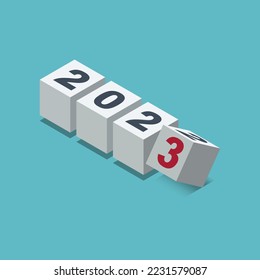 Rotating isometric cubes with text 2022 and 2023. New year, countdown, beginning, future and expectation concept. isometric design