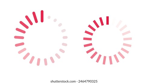 Rotating loader icon indicator vector graphic illustration set, downloading process red symbol, preloader turning circle bar image clipart 