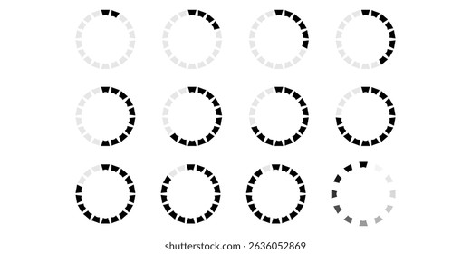 Carregador de rotação carregando ícone spinner ilustração vetor definido para interface da Web e projeto de animação de barra de progresso de mídia digital.