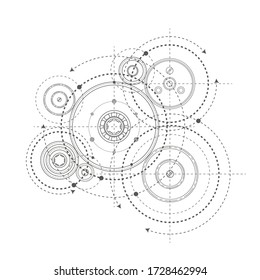 Rotating mechanism of round parts .Engineering technical drawing on a white background. Gears on a white background .