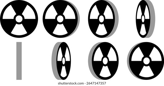 Rotating Nuclear Hazard Ionizing Radiation Trefoil Gefahr Symbol Symbol 3D Stil Schwarz und Weiß Sprite Blatt Set. Vektorbild.