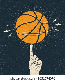 Rotating orange basketball ball on a finger. Basketball themed illustration template for poster or flyer or sticker. Vintage styled vector illustration.