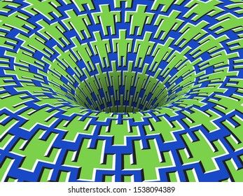Rotating people symbols patterned hole. Vector optical illusion background.