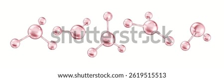 Rotating pink collagen molecules realistic color icons set. Protein structures create chemical bonds 3d objects bundle on white background