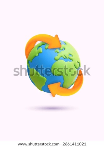 Rotating planet Earth with two arrows showing global movement or exchange. 3D Vector Illustration