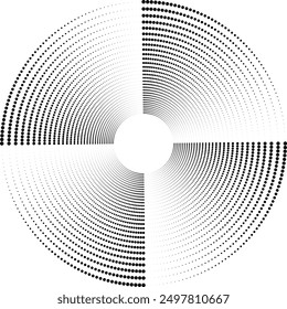 Cuarteto giratorio de secciones de puntos circulares. Diseño de tela de semitono. Textura de puntos de círculo semitono. Elemento de diseño de Vector para varios propósitos.