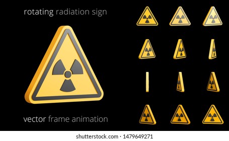 Rotating radiation sign. Vector sequence of frames for GIF, flash, web animation. Looped motion. 12 frames per second. Sprite sheet. 3D animated icon of nuclear danger. Set of yellow triangular signs