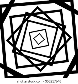 Rotating random squares. Abstract monochrome vector graphic.