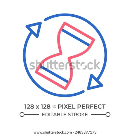 Rotating sand clock two color line icon. Spinning sandglass. Time passing. Waiting, loading process bicolor outline symbol. Duotone linear pictogram. Isolated illustration. Editable stroke