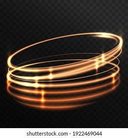 Rotating shining rings, ellipses. Golden light effect. Swirling glowing lines. Dynamic neon circles