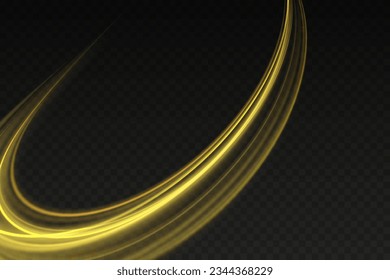 Rotating shining rings. Shine magic gold swirl with flare sparkles . Golden glowing shiny spiral lines effect. Curved yellow line light. Glittering wavy trail. Swirling glow dynamic neon circles