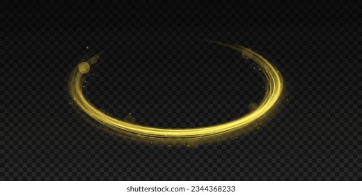 Rotating shining rings. Shine magic gold swirl with flare sparkles . Golden glowing shiny spiral lines effect. Curved yellow line light. Glittering wavy trail. Swirling glow dynamic neon circles