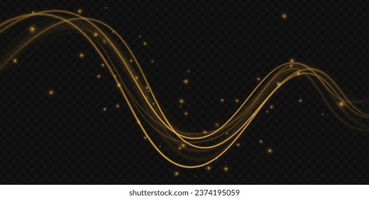 Anillos brillantes giratorios. Brilla oro mágico con destellos de bengala. Efecto de líneas espirales brillantes doradas. Luz de línea amarilla curva. Rueda ondulante. Los círculos dinámicos del neón brillan girando.