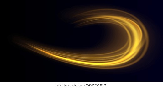 Rotating shining rings. Shine magic gold swirl with flare sparkles . Golden glowing shiny spiral lines effect. Curved yellow line light. Glittering wavy trail. Swirling glow dynamic neon circles.