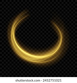 Rotating shining rings. Shine magic gold swirl with flare sparkles . Golden glowing shiny spiral lines effect. Curved yellow line light. Glittering wavy trail. Swirling glow dynamic neon circles.