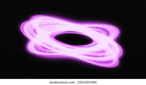 Rotating shining rings. Shiny spiral lines effect. Glittering wavy trail. Swirling glow dynamic purple circles. Shimmering wave with glitter.