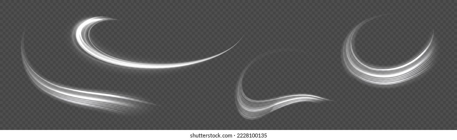 Rotating shining waves of speed. Dynamic white motion wave. Glowing spiral lines effect. Curved line light. Glittering wavy trail. Swirling glow neon trails. Sparkling swirl with flare sparkles vector