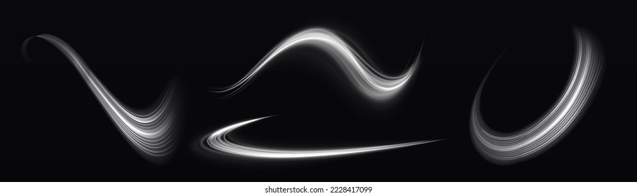 Rotating shining waves of speed. Dynamic white motion wave. Glowing spiral lines effect. Curved line light. Glittering wavy trail. Swirling glow neon trails. Sparkling swirl with flare sparkles vector